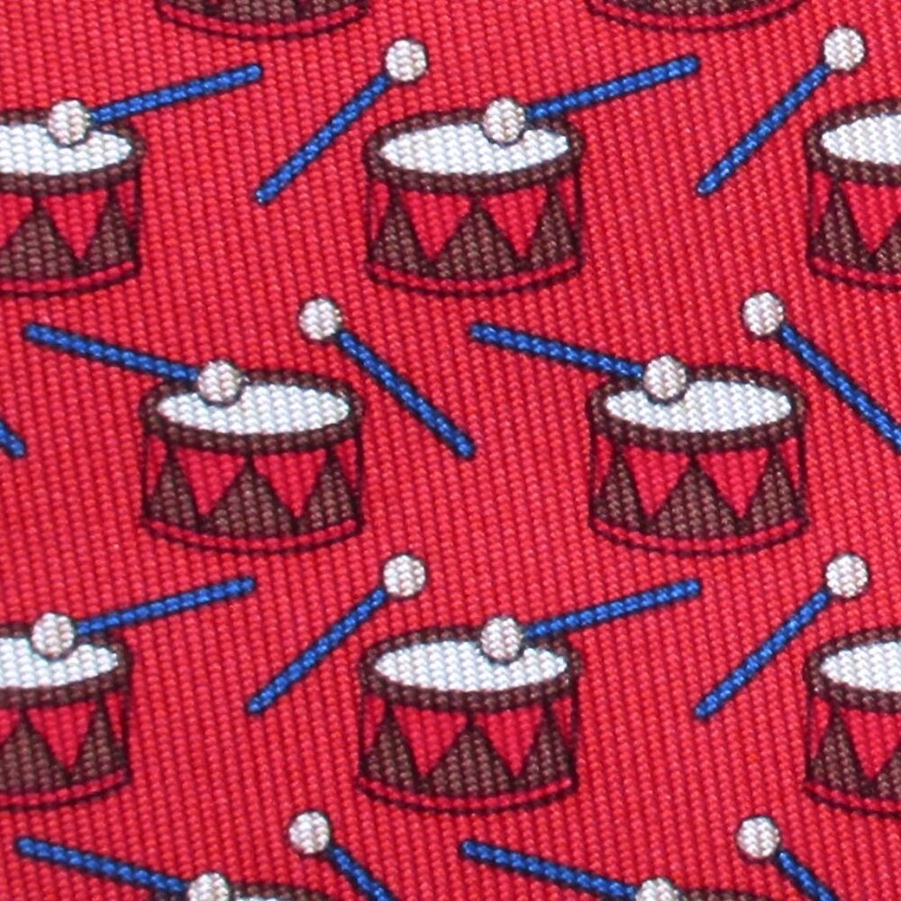 100% REAL HERMES TIE ~ CHERRY RED w FUN HOLIDAY BROWN & BLUE CHRISTMAS DRUMS